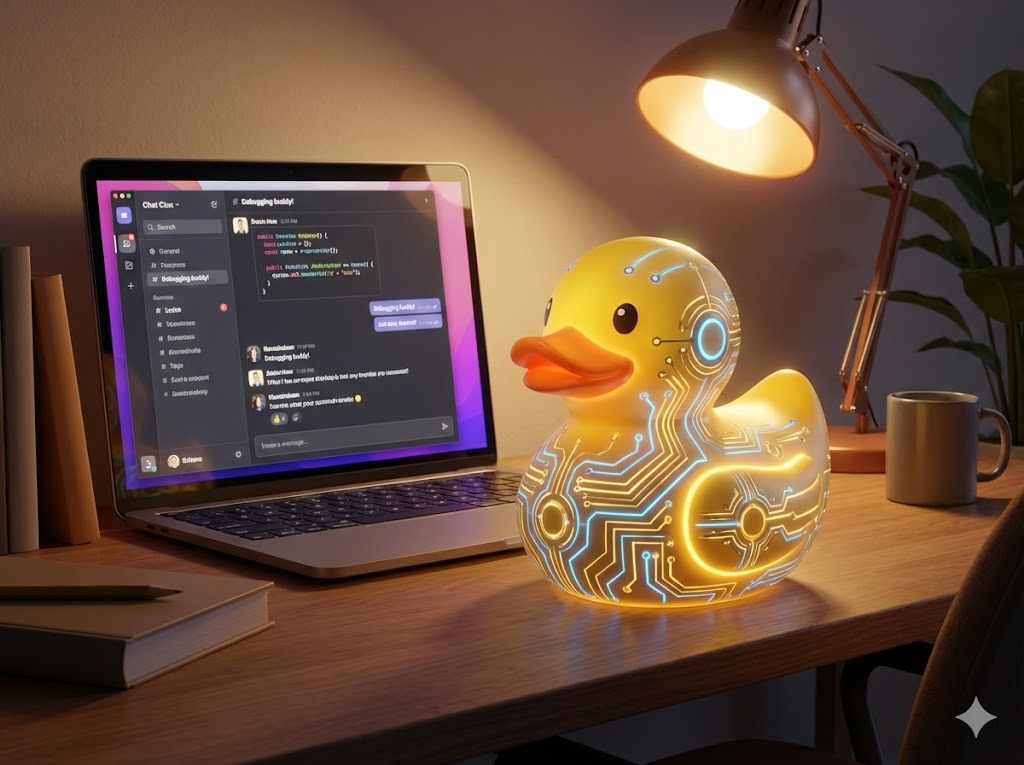 A tech-enhanced rubber duck with glowing circuit patterns sits beside a laptop showing a debugging chat interface